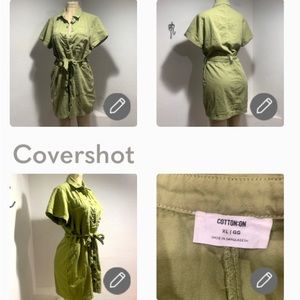 🔥 COTTON:ON XL MADE FROM 💯 ♻️ PLASTIC ARMY GREEN MINI DRESS SNAP BUTTON FRONT
